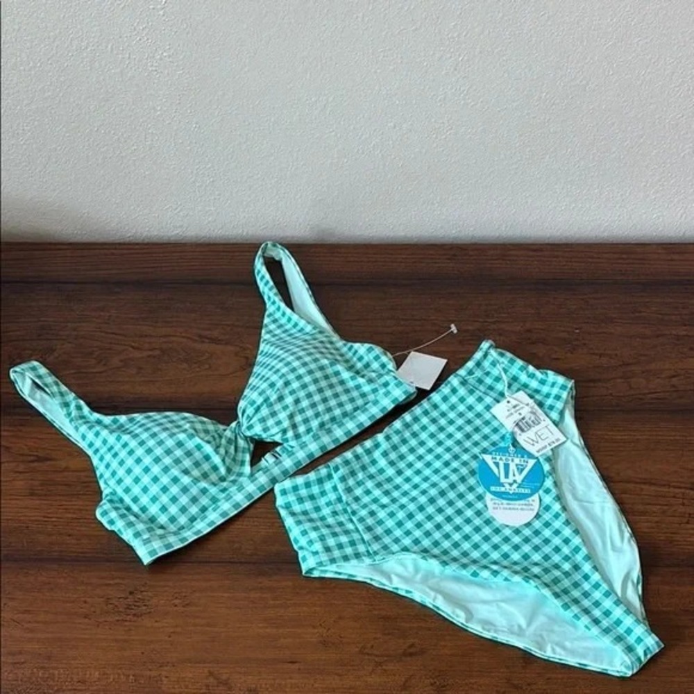 New WET Women Small Jade Gingham Bikini Set High Waist Swimsuit Beach Summer